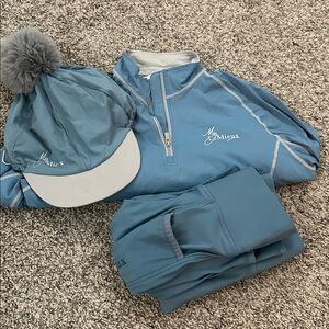 LeMieux ice Blue base layer breaches and Hat silk